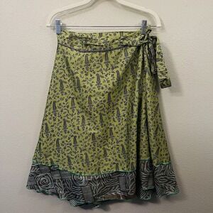Wevez Green Paisley Silk Wrap Skirt Reversible? Boho Hippie Indie Flowy Sz S